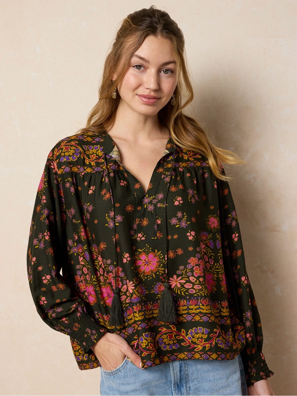 Natural Life Blooming Bandana Charcoal Dara Top Size Large